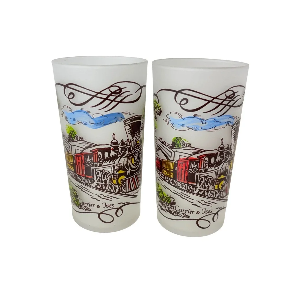 Vintage Currier & Ives Frosted Drinking Glass Railroad Scene 12oz Set of 2 1960s